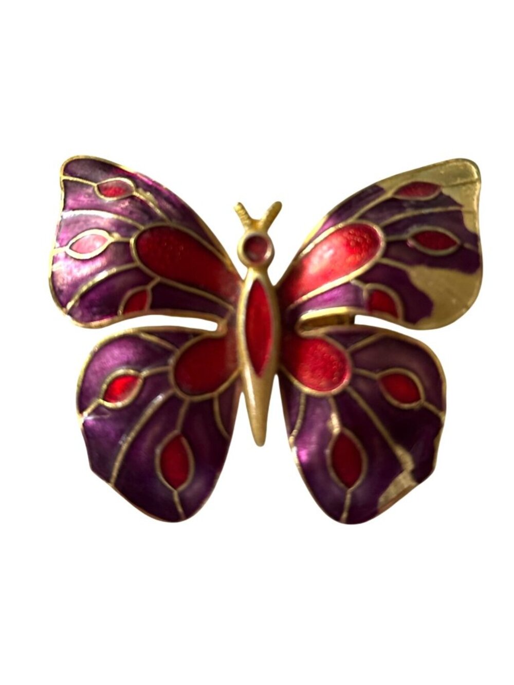 Vintage 80's Red & Purple Butterfly Brooch Enamel Gold Tone Pin Made In Taiwan